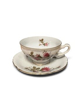 Vintage Japanese Floral Porcelain Teacup and Saucer - Pink Rose with Gold Trim